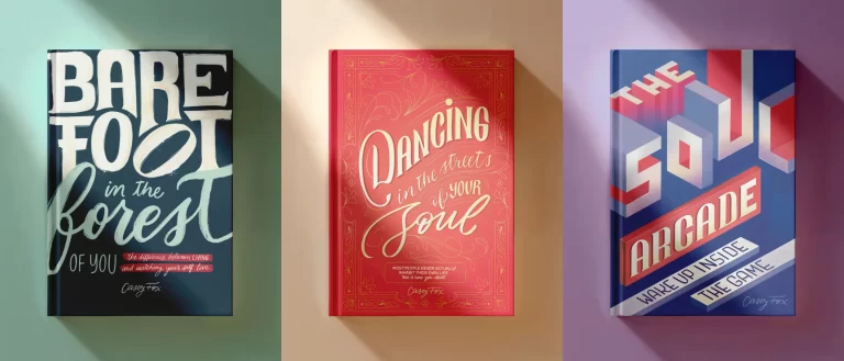 Las tres portadas de libro con lettering diseñadas por Ingrid Luque para Casey Fox: Barefoot in the Forest of You, Dancing in the Streets of Your Soul y The Soul Arcade