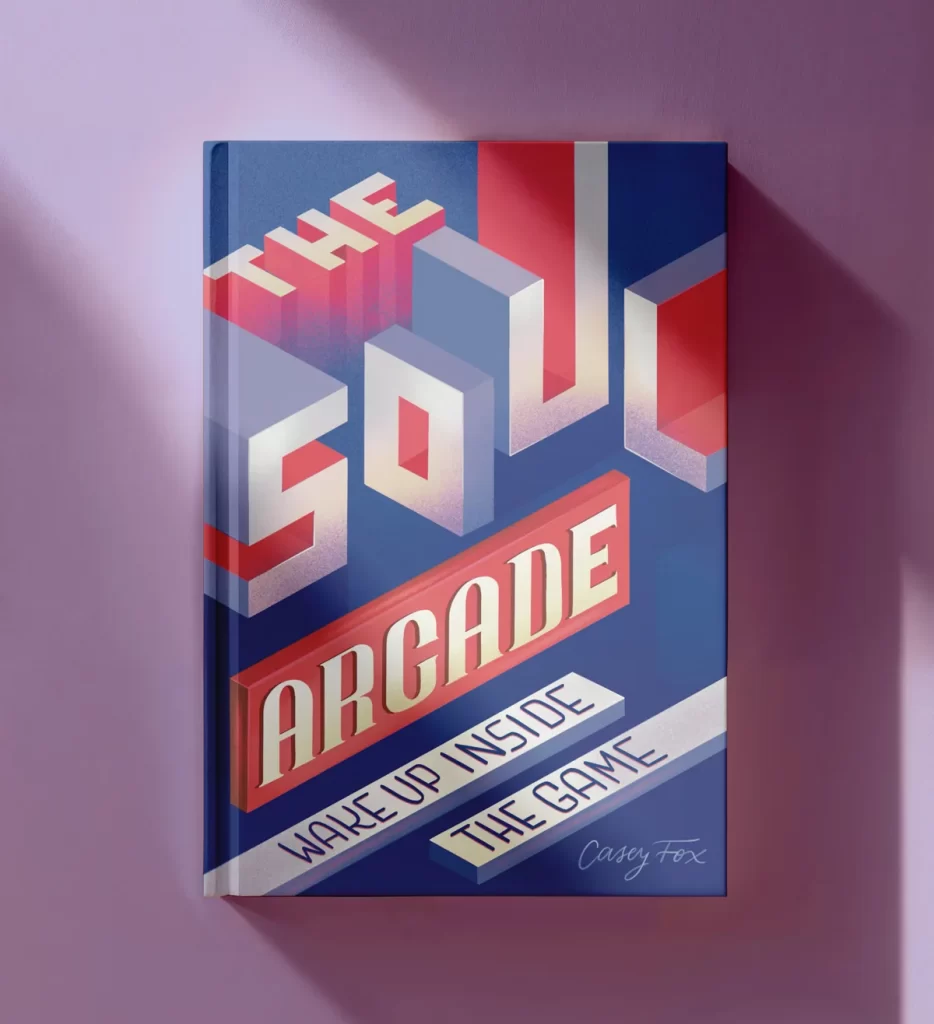 Portada del libro «The Soul Arcade» de Casey Fox con lettering 3D isométrico en azul, rojo y crema