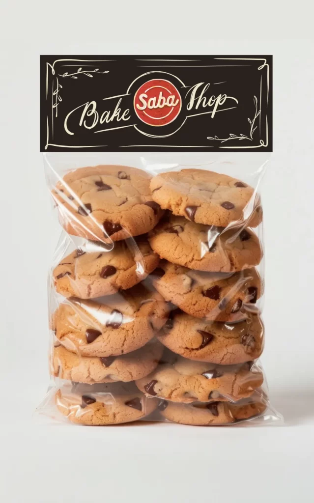 Bolsa de galletas con cabecera «Bake Saba Shop» con lettering a mano