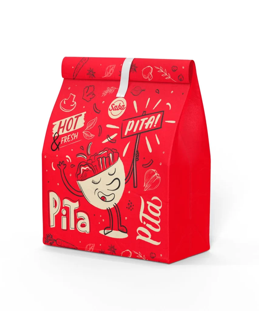 Bolsa de pan pita para llevar del restaurante Saba con ilustración y lettering a mano