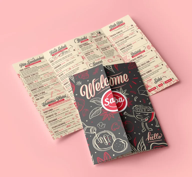 Carta de mano del restaurante Saba con portada ilustrada «Welcome» y menú interior con lettering e ilustraciones