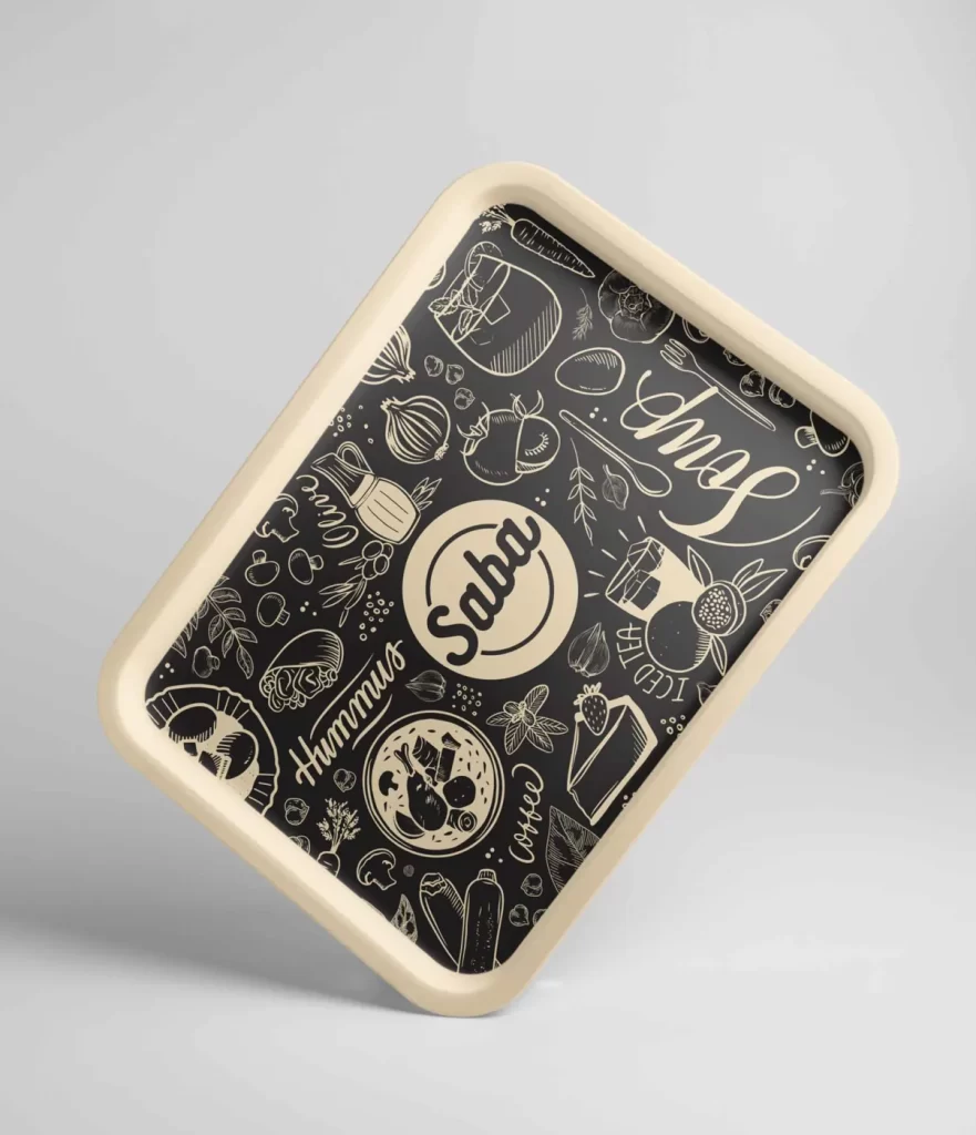 Tray liner del restaurante Saba con ilustraciones a línea y lettering de Hummus, Soup, Coffee e Iced Tea