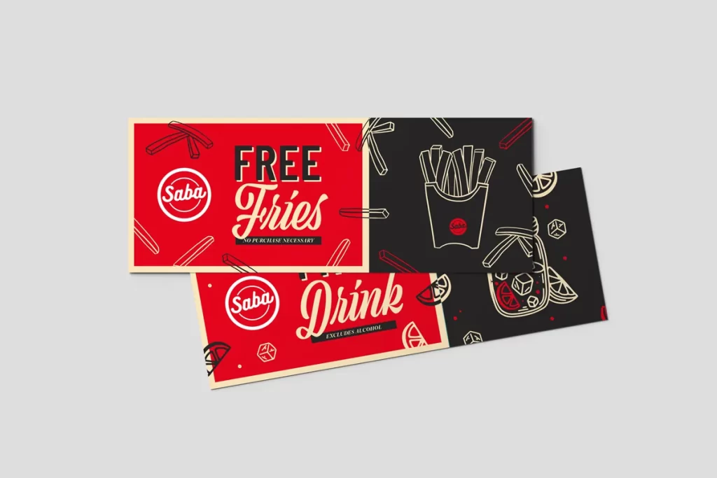 Vales promocionales «Free Fries» y «Free Drink» del restaurante Saba con ilustraciones